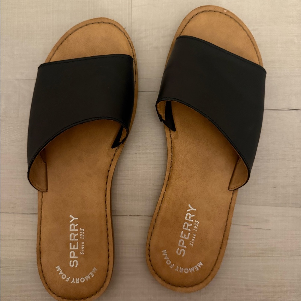 Sperry Women's Tan and Black Leather Slide Sandals